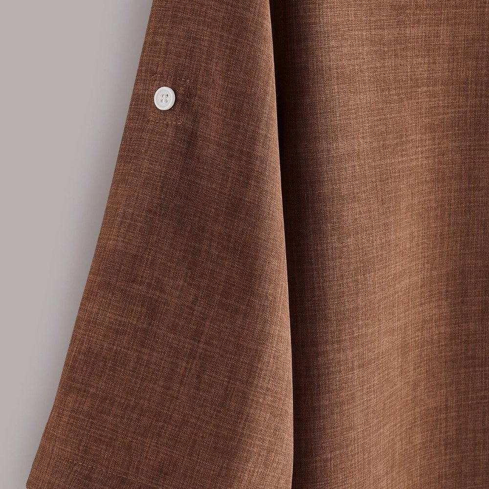 Coffee Brown Preppy Womens Men Half Button Roll Up Sleeve Shirt - Picture 3 of 4